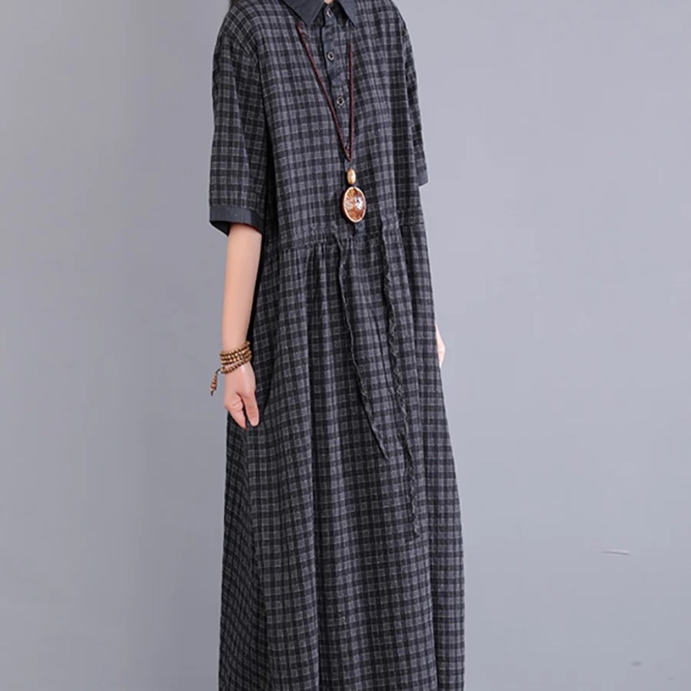 Artsy Plaid Short Sleeve Cotton Midi Dress SzXL NWOT